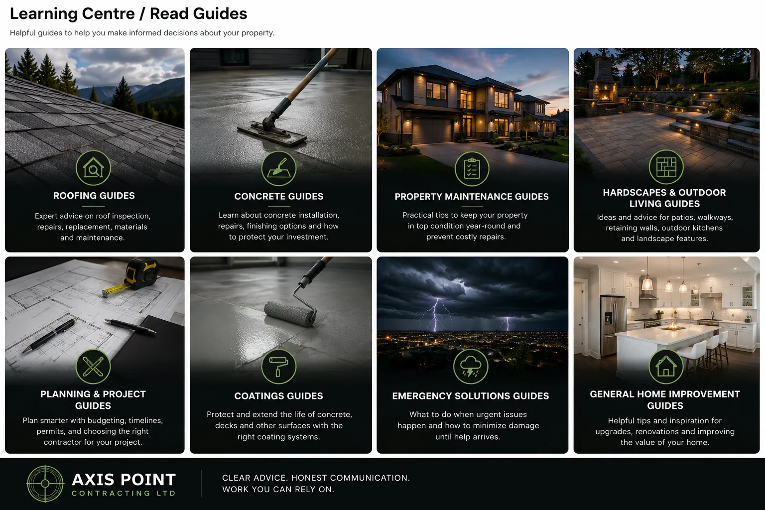 Axis Point Contracting Ltd. Learning Centre guide categories for roofing, concrete, maintenance and property improvement