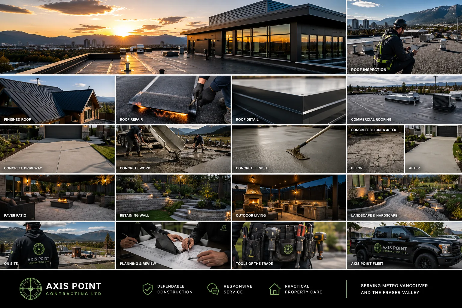 Overview of roofing, concrete, outdoor construction, maintenance and property services from Axis Point Contracting Ltd.