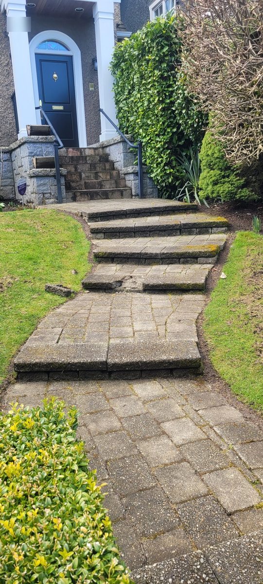 Front walkway & steps before, with worn & mossy pavers