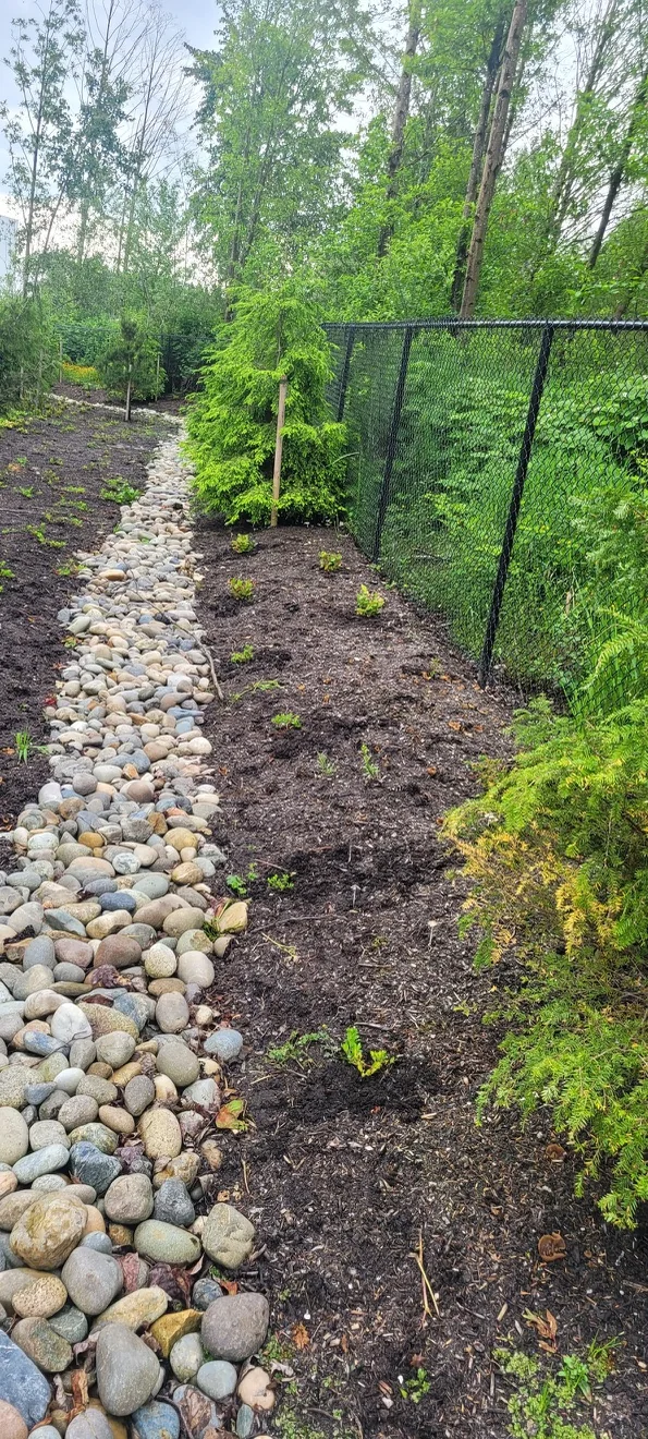 Finished river-rock drainage channel with mulched planting beds