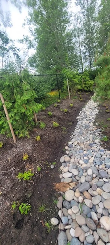 Finished river-rock drainage path with new planting